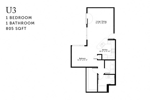 Floor plan for studio, 1 bath, 805 sqft